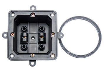Square plastic waterproof electrical junction box with a rubber seal isolated with transparent background