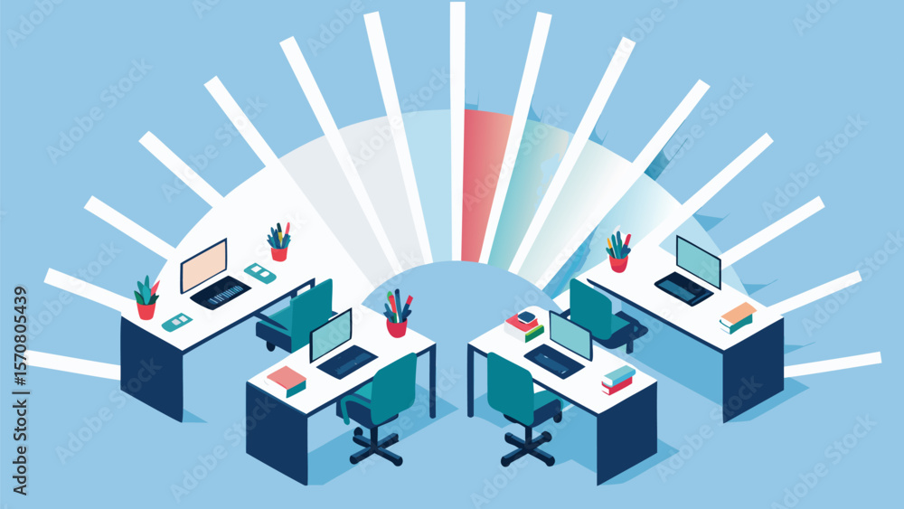 Leinwandbilder isometric view of an office space with desks computers and chairs with light rays overhead design is