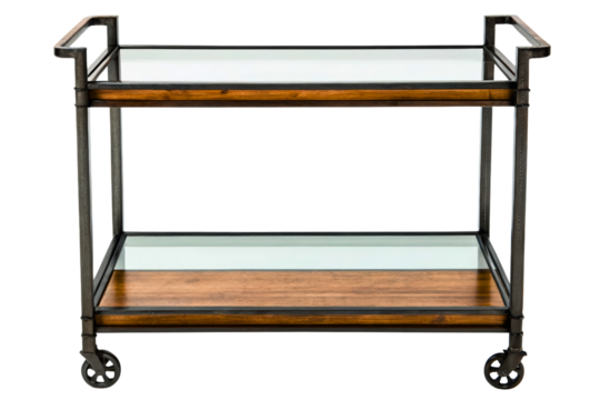 Metal and wood bar cart with glass shelf and wheels for serving isolated with transparent background