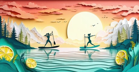 Naklejka premium Papercraft scene depicts two paddleboarders silhouetted against sunset. Mountains, water, lemons complete idyllic landscape.