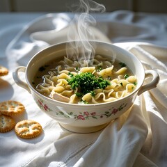 American chicken noodle soup in clean porcelain bowl