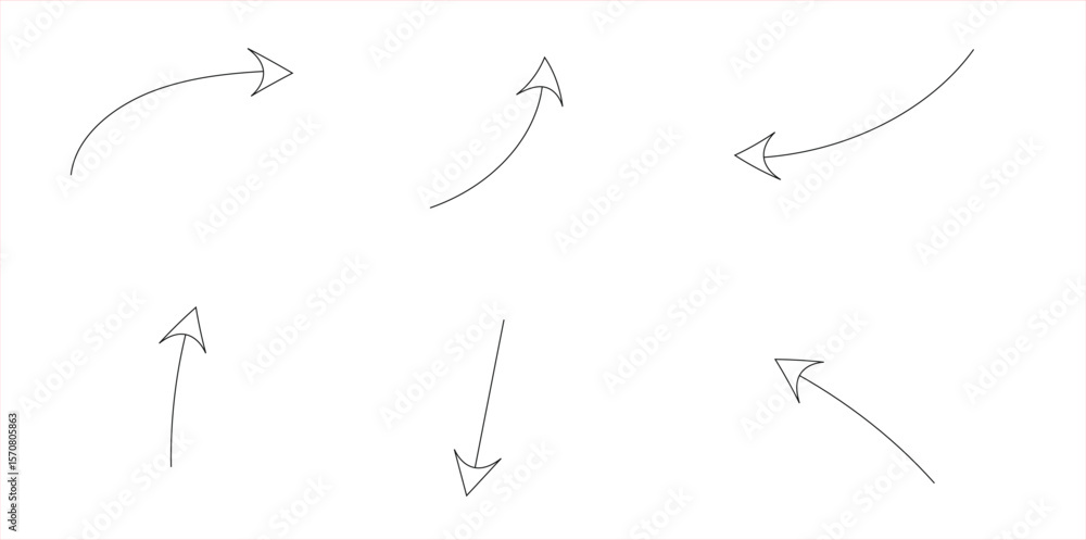 Poster set of 7 light grey hand-drawn arrows in straight and curved directions – thin sketch-style strokes 
