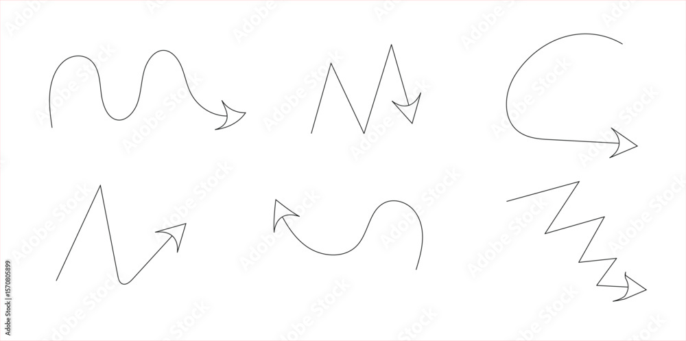 Aufkleber set of 6 light grey hand-drawn arrows in wavy, zigzag, and curved styles – thin sketch arrow strokes