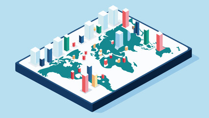 Isometric world map with colorful bar graph elements representing global data visualization style