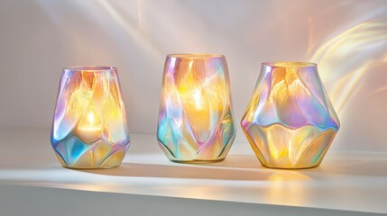 Three iridescent glass candle holders.