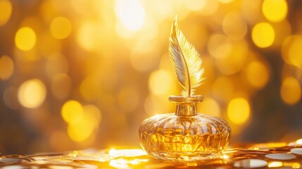 Ornate inkwell with a golden feather in a golden setting.