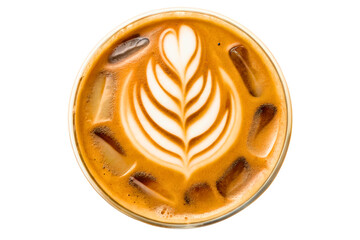 Top view of an iced coffee latte with decorative foam leaf art isolated with transparent background