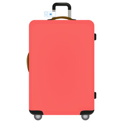 Red suitcase with wheels for travel. Carry-on luggage. Plastic bag for flight. Travel concept. Time for tourism and vacation. Booking next trip. Cartoon design icon.