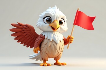 Cartoon Eagle Mascot with Red Flag, Isolated on White Background, Cute and Cheerful, Digital Illustration for Kids Content                            