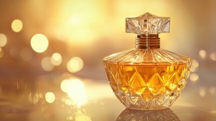 Ornate perfume bottle in a golden-toned setting.