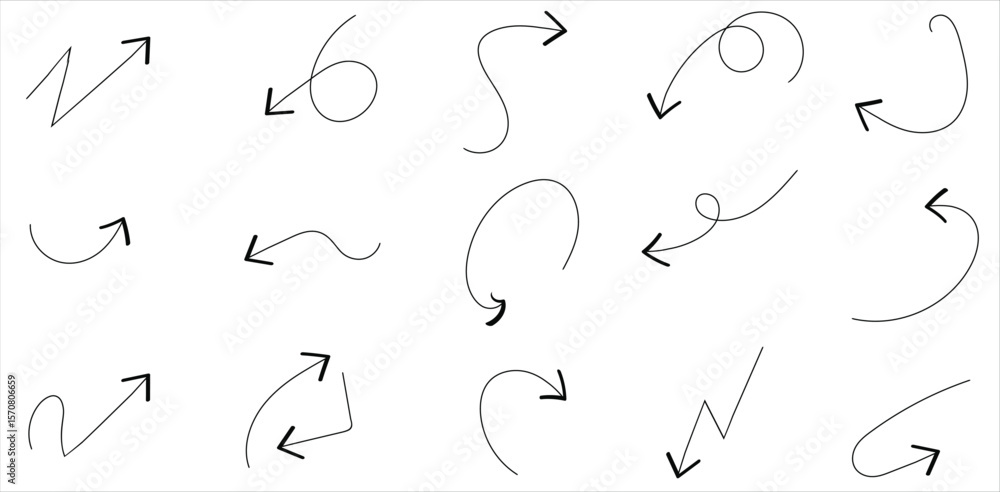 Poster set of 15 black hand-drawn arrows in curly, looped, and twisted styles – sketch marker strokes for m