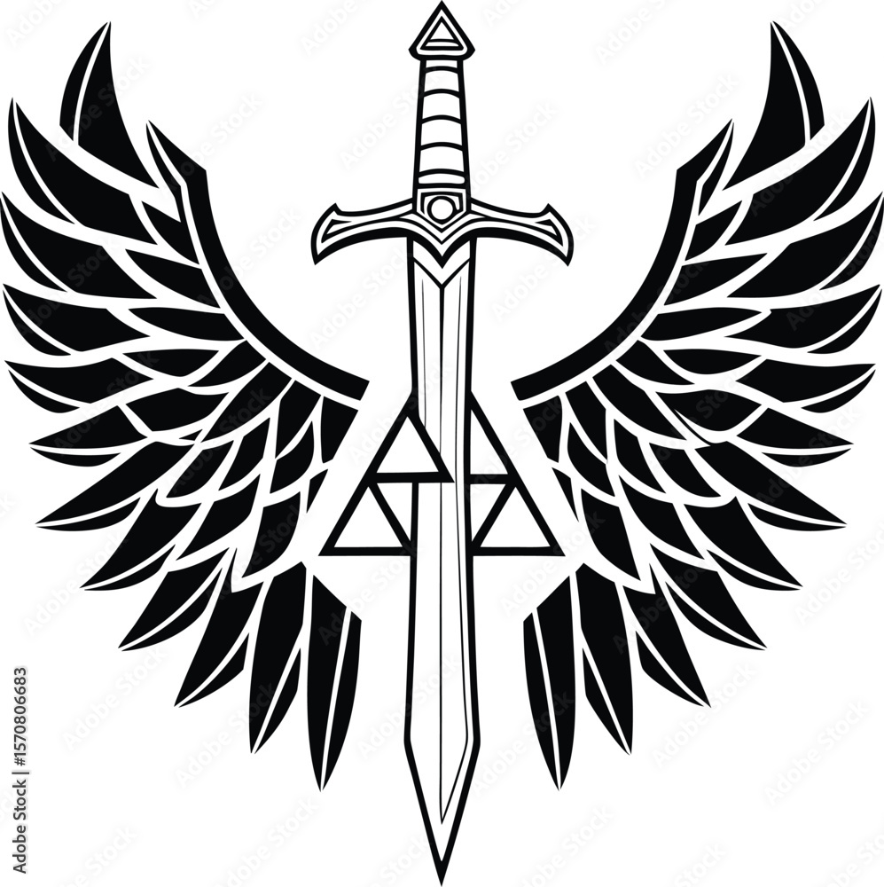 Poster vector art of a sword with wings and a triangle design, isolated on white background