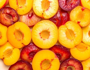 Sweet honeycomb pattern of fresh peach and plum slices. Summer stone fruit background for dessert concepts.