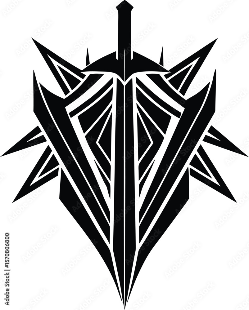 Poster vector art of a sword and shield design with sharp points, isolated on white background