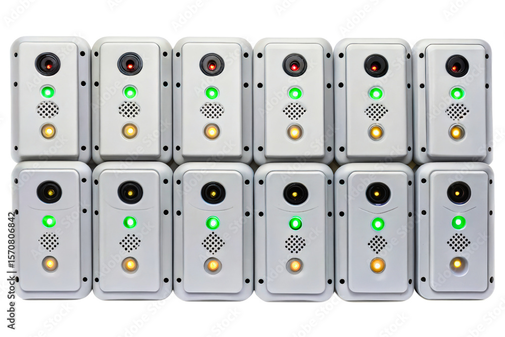 Poster wall of modern video intercom units for an apartment building isolated with transparent background