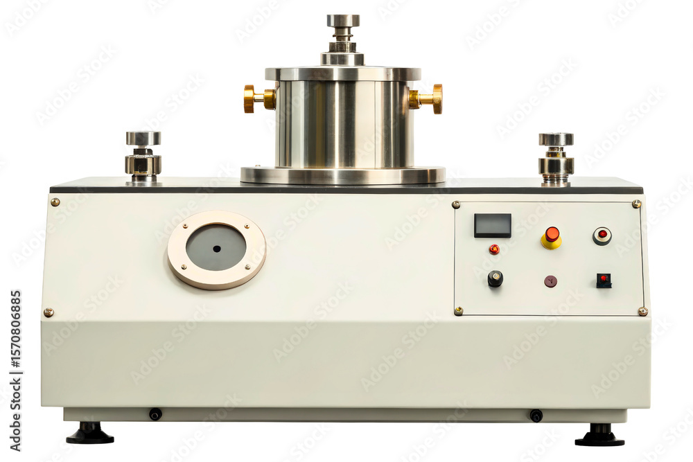 Poster laboratory machine for material testing with a steel chamber isolated with transparent background