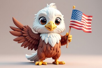 Cartoon Eagle Holding a Small American Flag, Detailed 3D Rendering, Patriotic Illustration.                                                           