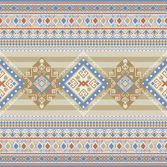 Eye-catching ethnic pattern with colorful stripes and diamond shapes. Ideal for wallpapers, packaging, and fashion prints.