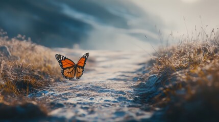 A monarch butterfly takes flight in a winter wonderland.