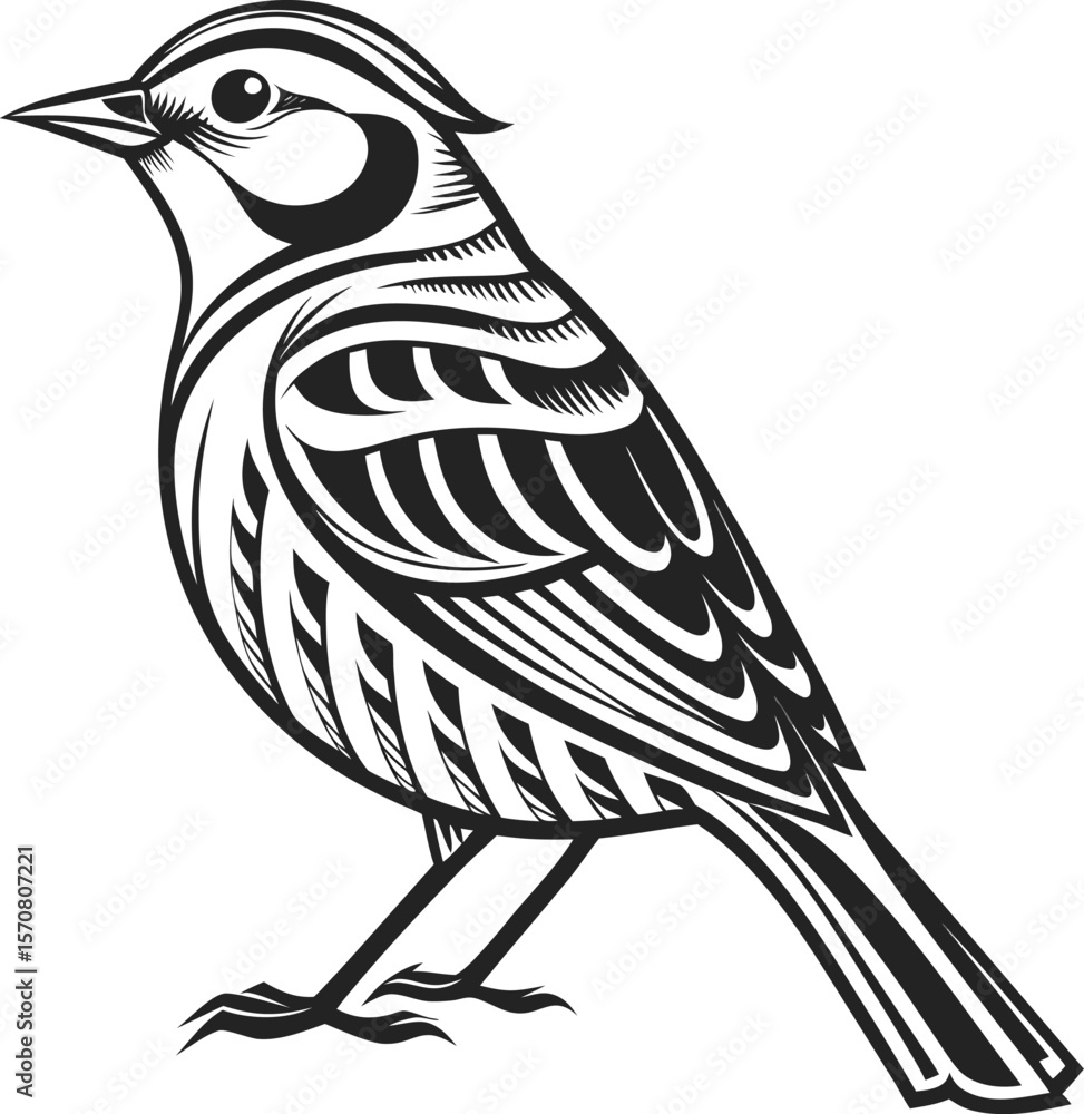 Poster vector art of a small bird with patterned feathers stands, isolated on white background