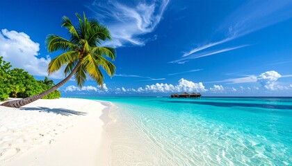 Idyllic tropical beach with white sand, turquoise water, and overwater bungalows. Luxury vacation concept.