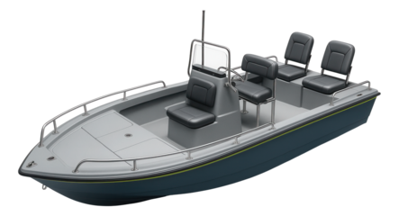 Bay fishing boat with shallow hull and flip-up jump seats at the rear