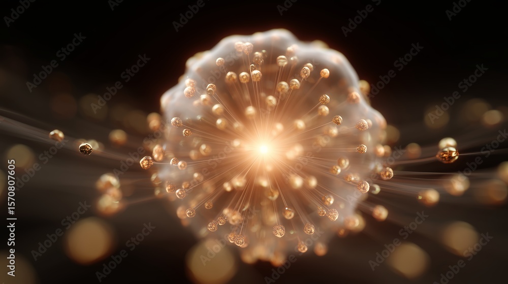 Poster microscopic view of a glowing cell with golden particles in a dark environment highlighting cellular