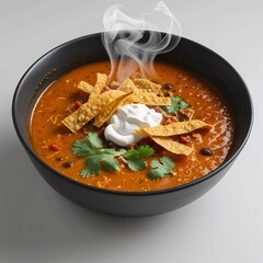 Mexican tortilla soup in wide black bowl, garnished, isolated