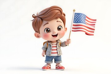 Cartoon Boy with American Flag: Celebrating Patriotism and National Pride on a Clean White Background                                                 