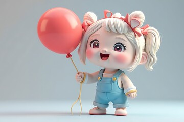 Adorable Cartoon Girl Holding a Pink Balloon, Wearing Overalls and Smiling -  Perfect for Children's Content, Animated Designs, and Playful Illustrations.