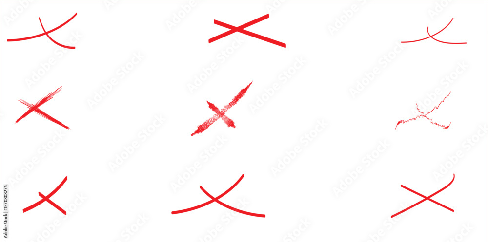 Aufkleber collection of red hand-drawn cross mark symbols in various brush styles – rough painted x icons in r