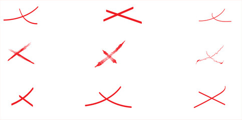 Collection of red hand-drawn cross mark symbols in various brush styles – rough painted X icons in red ink for UI elements, delete actions, rejection marks, or annotation graphics on white background
