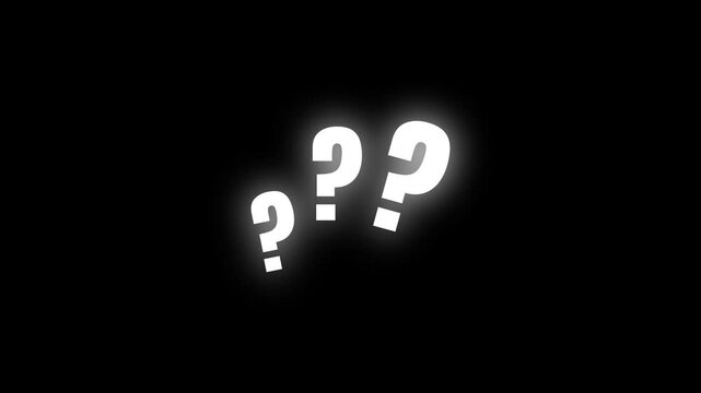 Animation of three white question marks appearing in a curved layout on a transparent background. Ideal for themes such as curiosity, uncertainty, quizzes, brainstorming, or educational content.