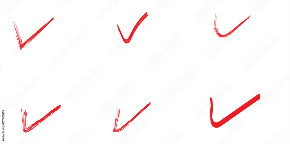 Poster set of red hand-drawn check mark symbols in various brush styles – rough painted strokes in red ink 