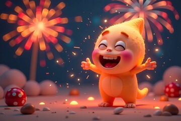Happy Cartoon Character Celebrating with Fireworks, Perfect for Holiday Greetings and Festive Occasions in a Cheerful and Vibrant Style.              