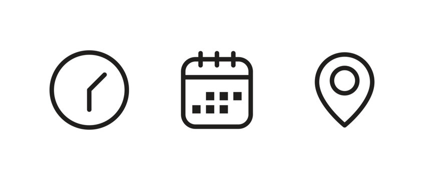 Clock, calendar, and location pin icon in black line style. Ideal for interface, schedule, travel, event, time, and navigation related design. Clean and simple vector illustration.