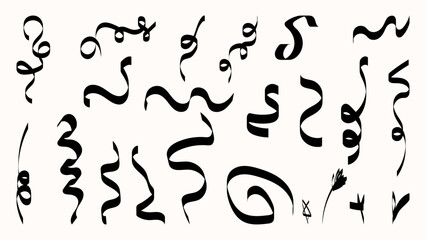 Decorative black ribbon curls in various styles and swirls, minimal graphic style, isolated on white background, concept of celebration