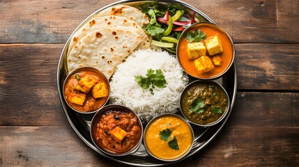 Authentic Indian thali with rice chapati dal paneer