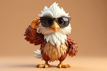 Cartoon Eagle with Sunglasses Saluting on a Beige Background, Detailed Feathers, Illustration. Cool Bird Character Concept.                           