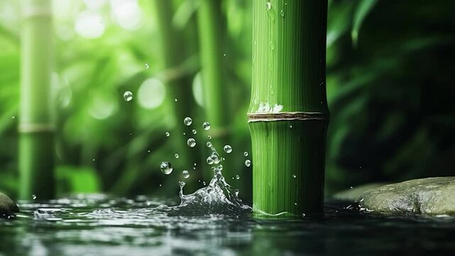 Lush bamboo stalk emerging from water with splashes