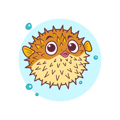 Cartoon Pufferfish with Bubbles on a Background