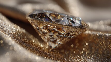 Close-up of a dazzling diamond sitting atop a glittering golden fabric