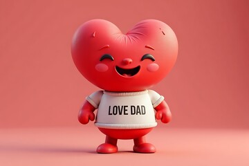 Adorable Heart Character Wearing a 'Love Dad' T-Shirt on a Pink Background for Father's Day, Expressing Affection and Appreciation in a Cute and Playful Way.