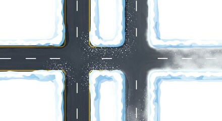 Snowy city intersection overhead view