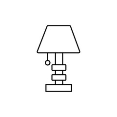 A simple outline vector illustration of a classic table lamp with a rectangular base, stacked body, and a lampshade. Ideal for interior design, home decor, or lighting themes.