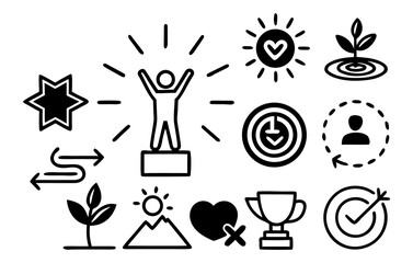 Success and Growth Icons, Flat Line Motivation Vector Pack, Goal Achievement & Productivity Symbols, Minimalist Black Icons
