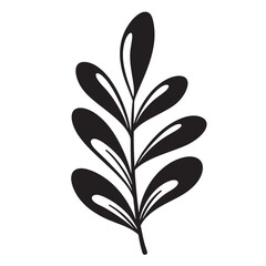 Simple black and white botanical illustration of a leafy branch for design elements