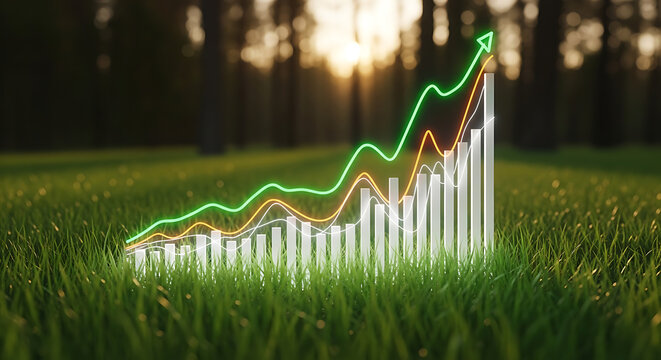A glowing bar graph with upward trending lines sits in lush green grass, suggesting growth in nature.