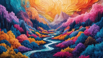 Vibrant, abstract landscape painting depicting a fantastical river winding through mountains and trees in a kaleidoscope of pink, blue, orange, and purple hues. Dreamlike and artistic
