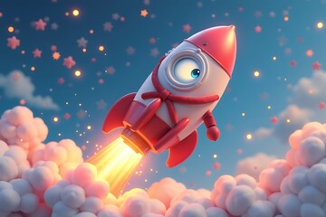 Whimsical Cartoon Rocket Launching Through Fluffy Clouds and Glittering Stars Against a Blue Sky Background                                           